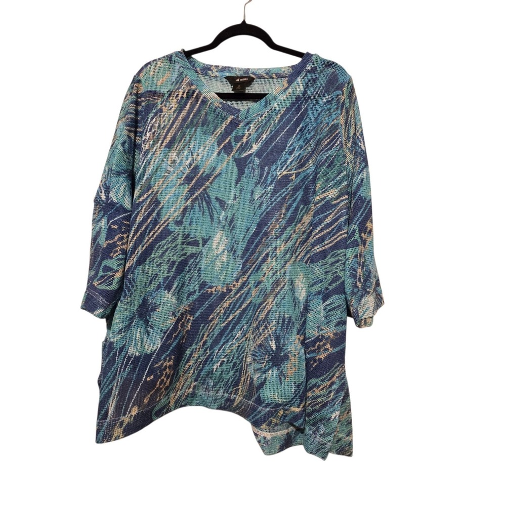 Ali Miles Mesh Artsy Tunic Top Womens 3X Blue Beach Coastal Resort Lagenlook
